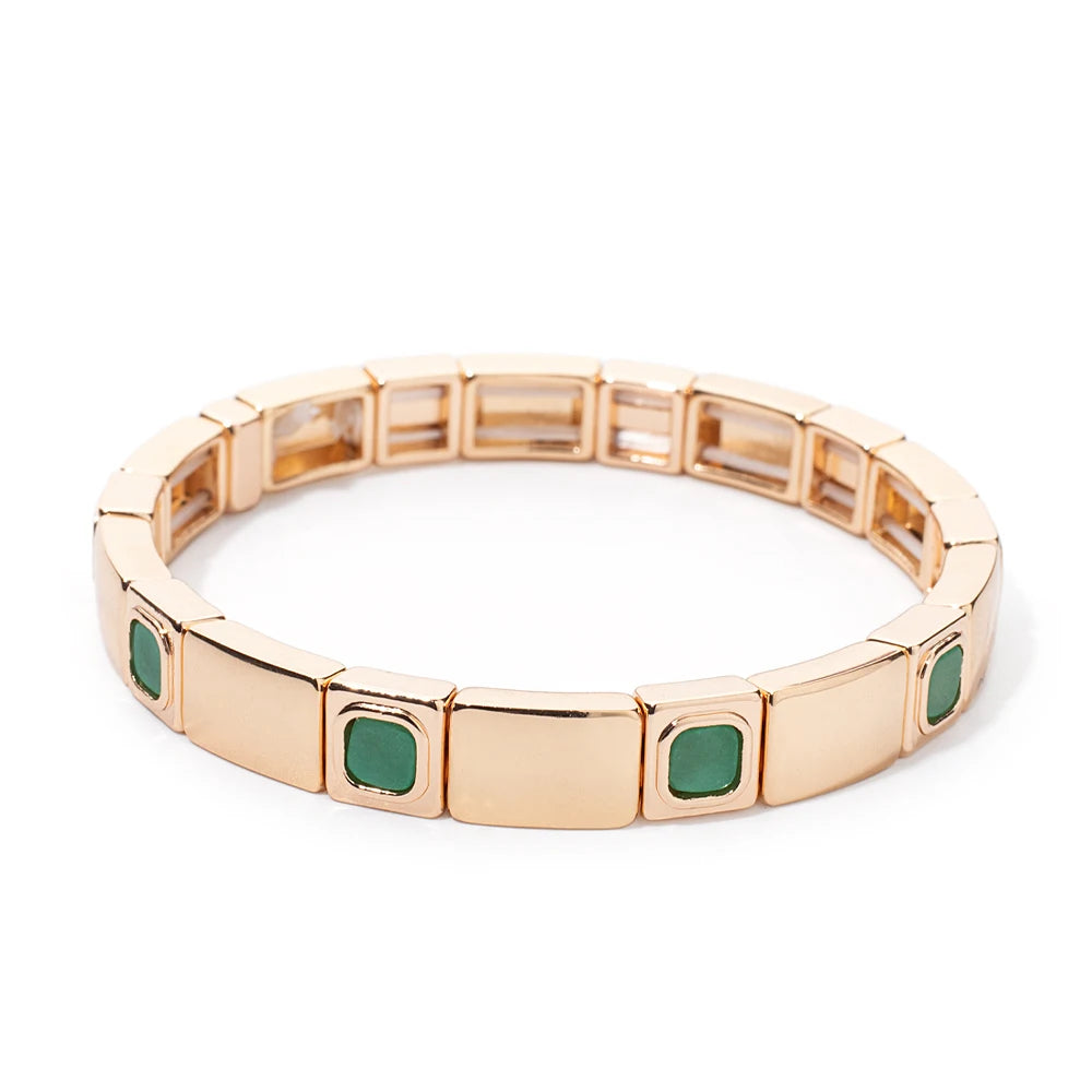 2023 New Design 8x8mm Inlaid Nature Stone Bracelets For Women Gold Color Boho Elastic Bangle Handmade Inlaid Diamond Jewelry