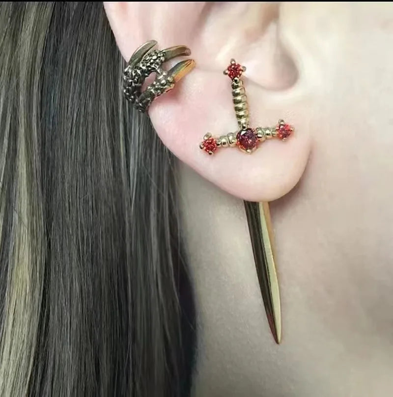 Vintage Dark Gothic Kinitial Sword Earrings For Women Men Dagger Piercing Earring Ear Jacket Punk Goth Halloween Jewelry Gift - Charlie Dolly