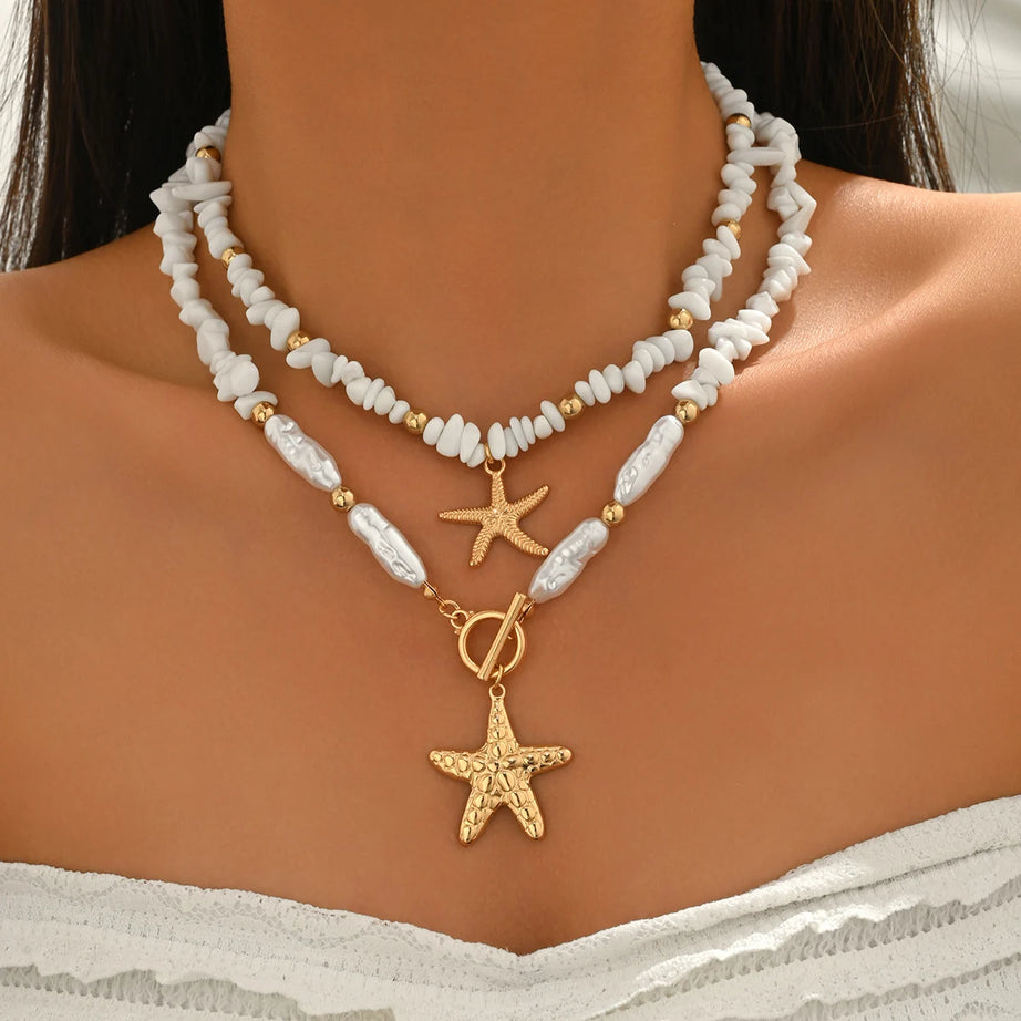 White Stone Chip Pearl Starfish Layered Set Jewelry