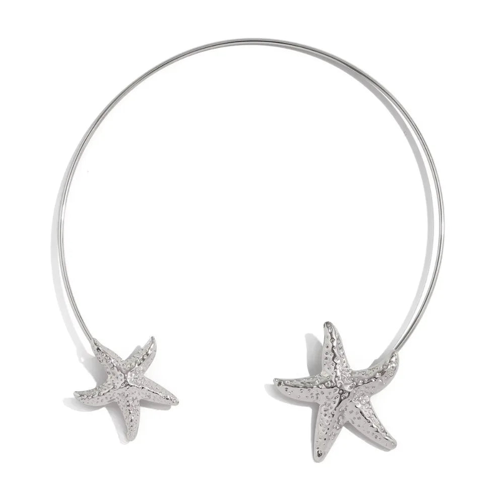 Gold Color Starfish Shell Pendant Necklace Metal Neck Jewelry Choker Necklace Boho Jewelry Adjustable Open Torque Necklace Beach