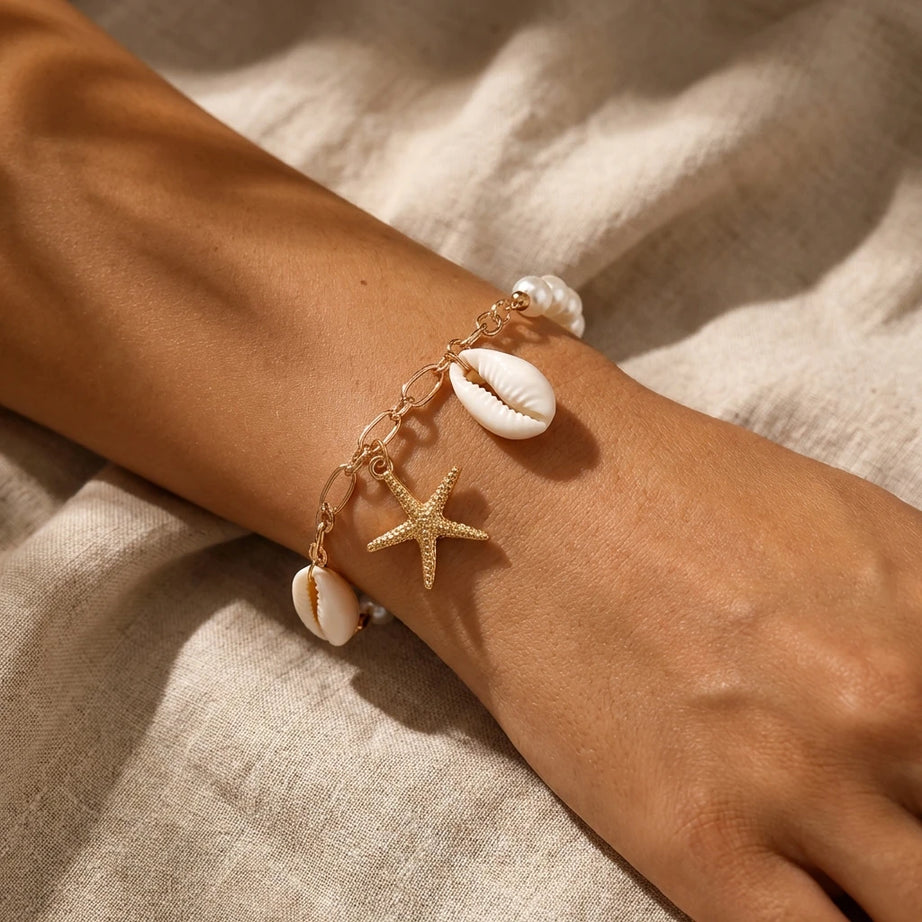 Cowrie Shell and Starfish Charm Boho Bracelet
