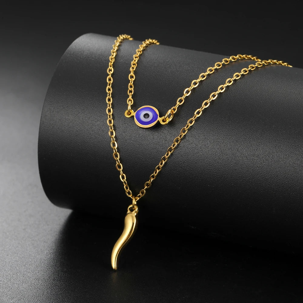 Dawapara Italian Horn and Blue Evil Eye Charm Necklace Double Layer Women Necklace Spiritual Protection Amulet Religious Jewelry