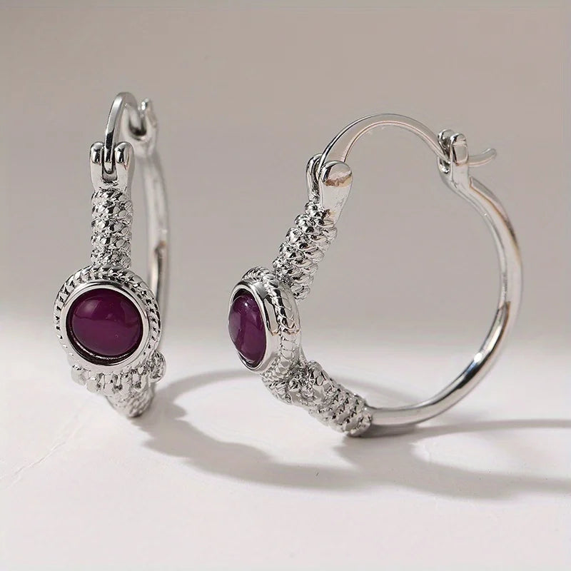 Bohemian Style Vintage Inlaid Synthetic Amethyst Silvery Plated Hoop Earrings for Women Fashion Banquet Jewelry Accessories Gift