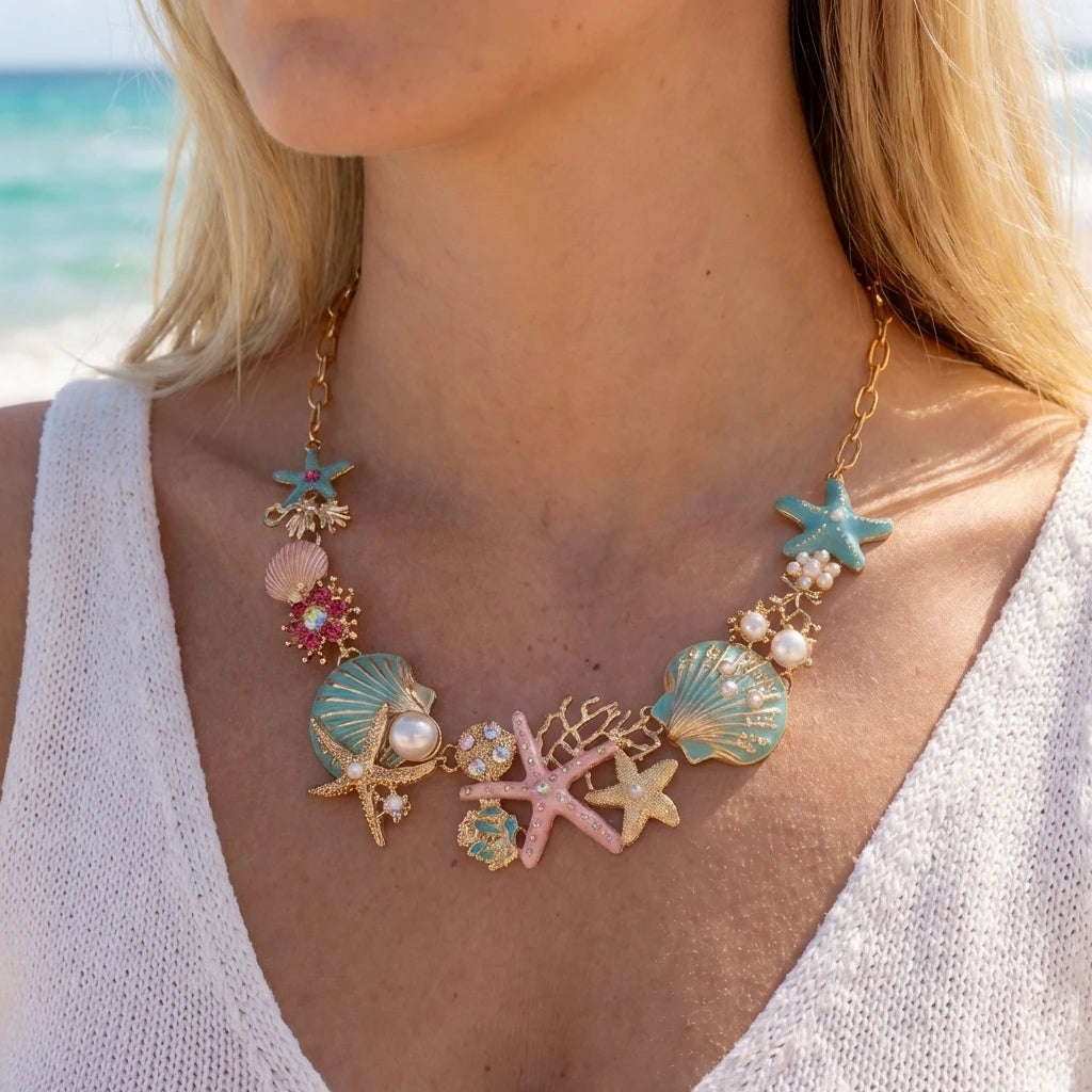 Exaggerated Metal Starfish Shell Pearl Necklace Earring for Women Boho Ocean Coral Scallop Pendant OT Clasp Bracelet Jewelry