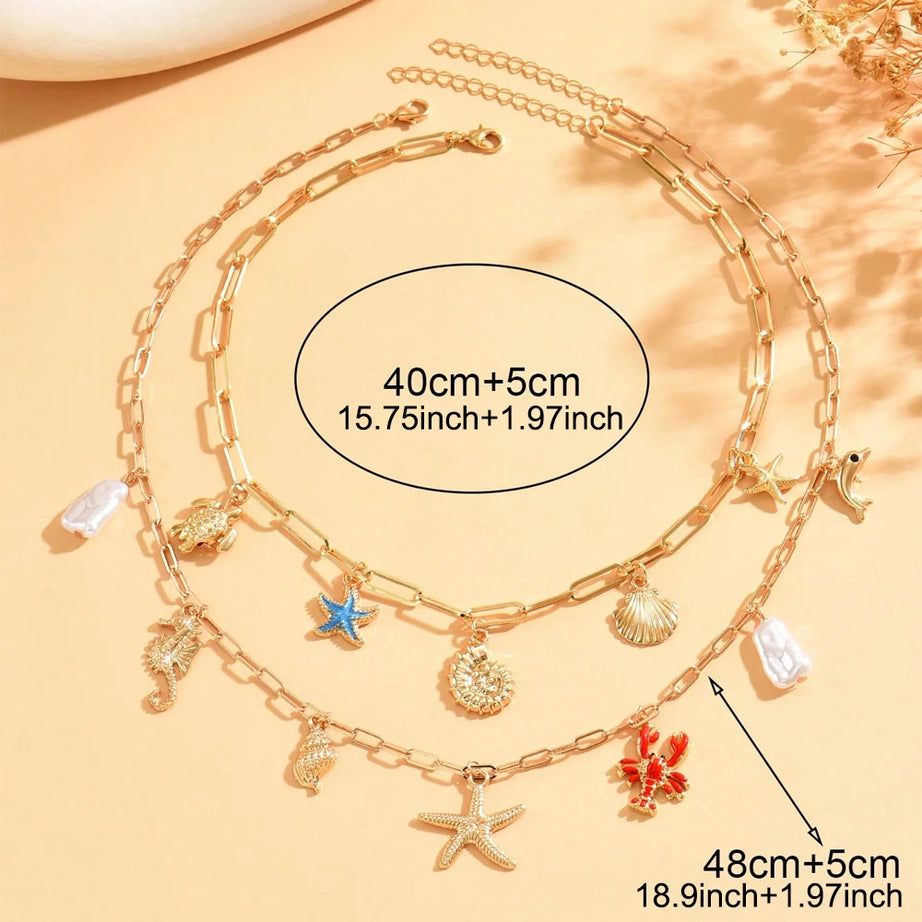 Layered Ocean Charm Paperclip Chain Boho Necklace Set