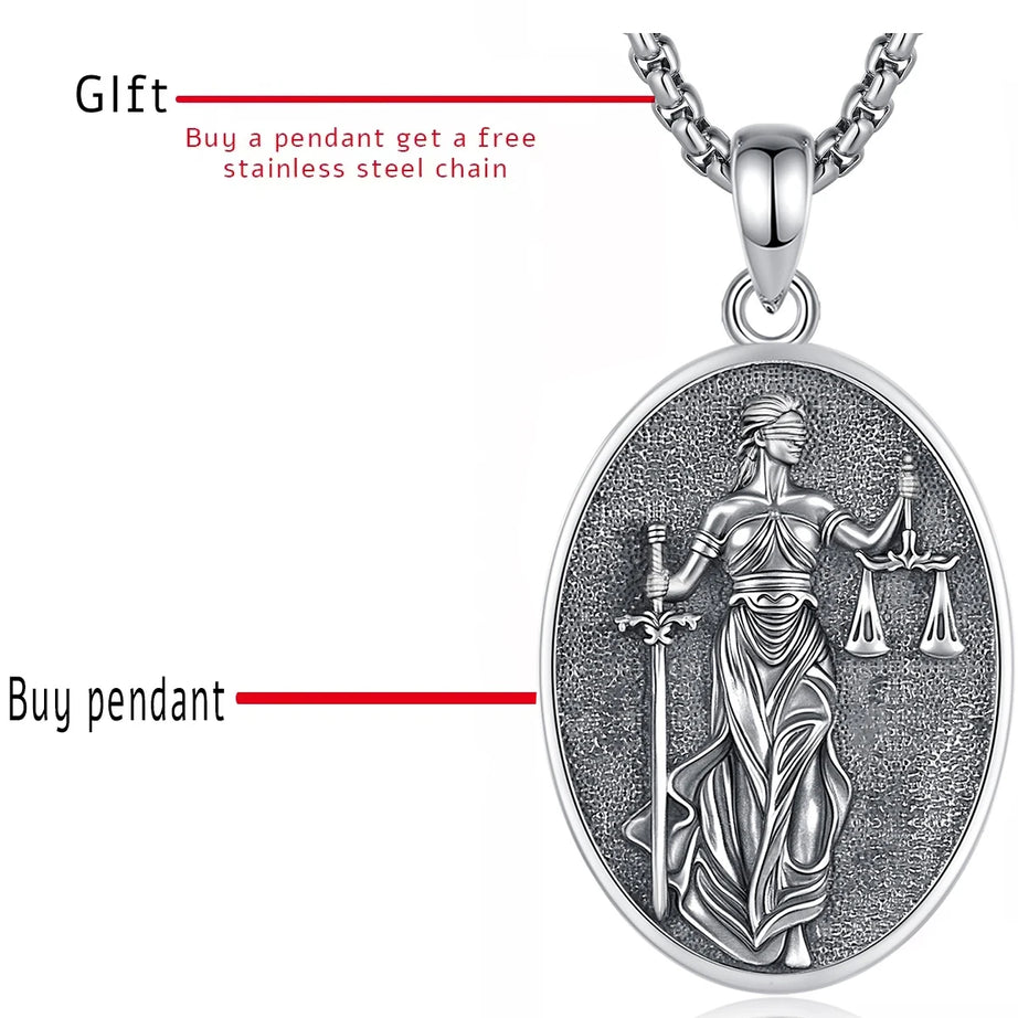 S925 Sterling Silver Themis Goddess of Justice Pendant Necklace, Sword & Scales Wicca Talisman