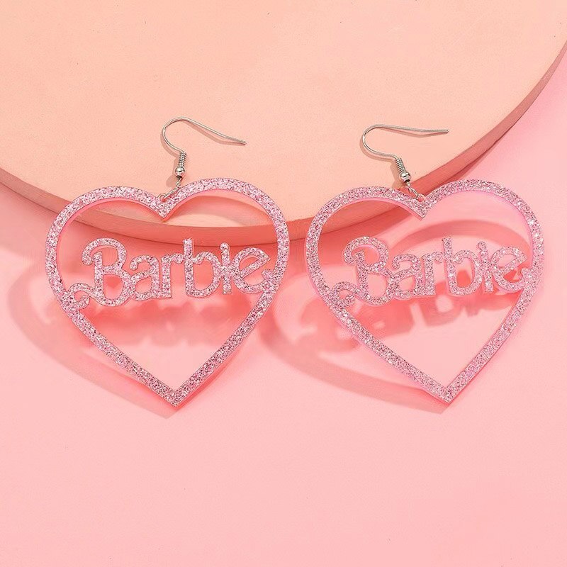 Kawaii Barbie Spring Print Letter Heart Hollow Acrylic Pink Glitter Earrings Accessories Jewelry Fashion Versatile Girls Gift - Charlie Dolly
