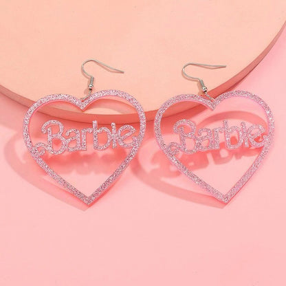 Kawaii Barbie Spring Print Letter Heart Hollow Acrylic Pink Glitter Earrings Accessories Jewelry Fashion Versatile Girls Gift