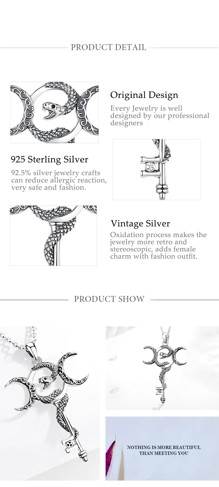 Eudora 925 Sterling Silver Hecate Triple Moon Goddess Necklace Snake Key Amulet Pendant Pagan Wicca Jewelry Gift for Women Men