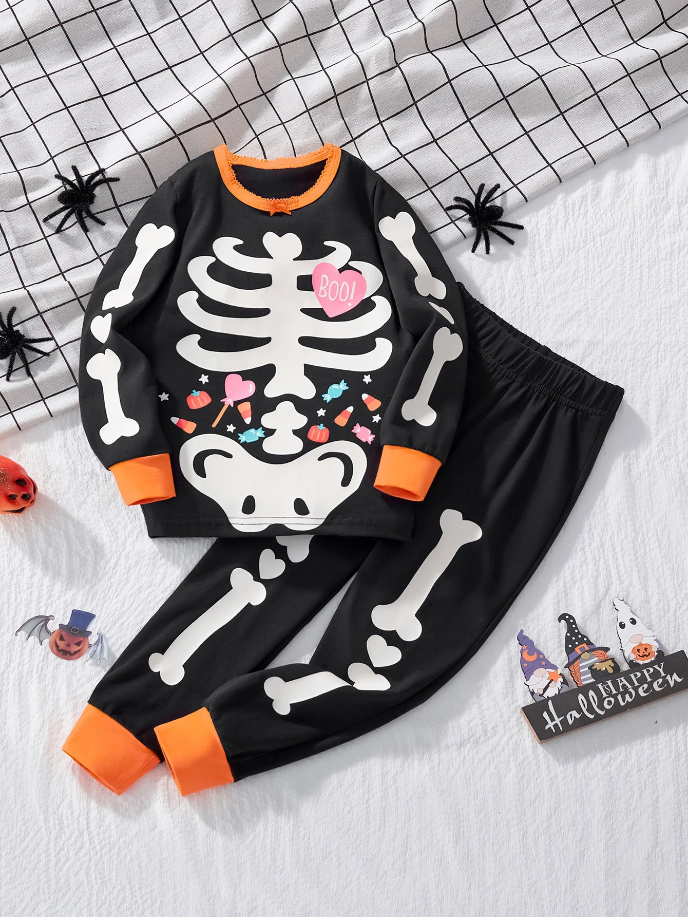 Halloween Little Girl Night Light Skull Print Long Sleeve T Shirt Trousers Set Kids Night Party Trick Or Treat Dress Up costume - Charlie Dolly