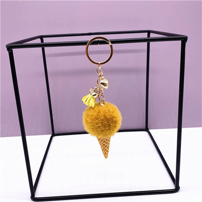 1pc Fashion Cute Mini Ice Cream Key Ring With Tassel Student Fluffy Pom Pom Velvet Plush Keychain For Girls Bag Decoration Gift