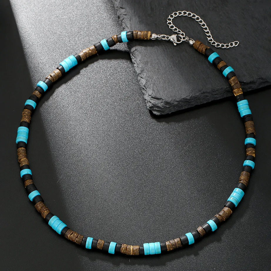 Coconut Shell, Turquoise and Wood Bead Boho Necklace for Men