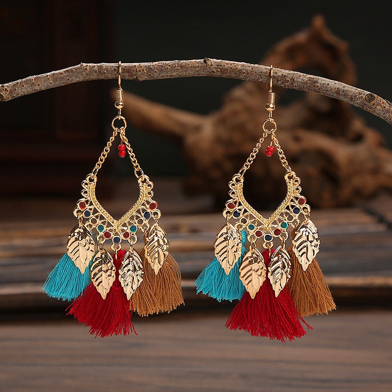 Fashion Earrings Bohemian Ethnic Style Leaf Earrings Jewelry Retro Long Tassel Colorful Feather Earrings Jewelry Gift - Charlie Dolly