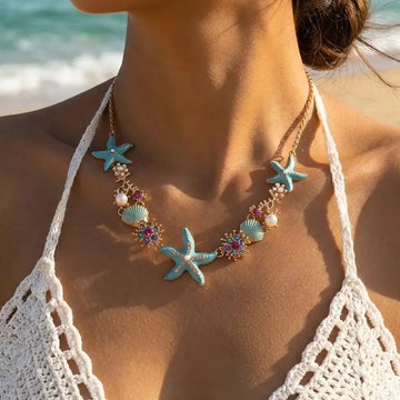 Boho Starfish Shell Pearl Metal Chain Necklace For Women Colorful Crystal Zircon Clavicle Choker Beach Party Vacation Jewelry
