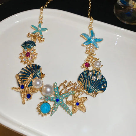 Irregular Shell, Starfish and Pearl Tassel Necklace and Earring Set