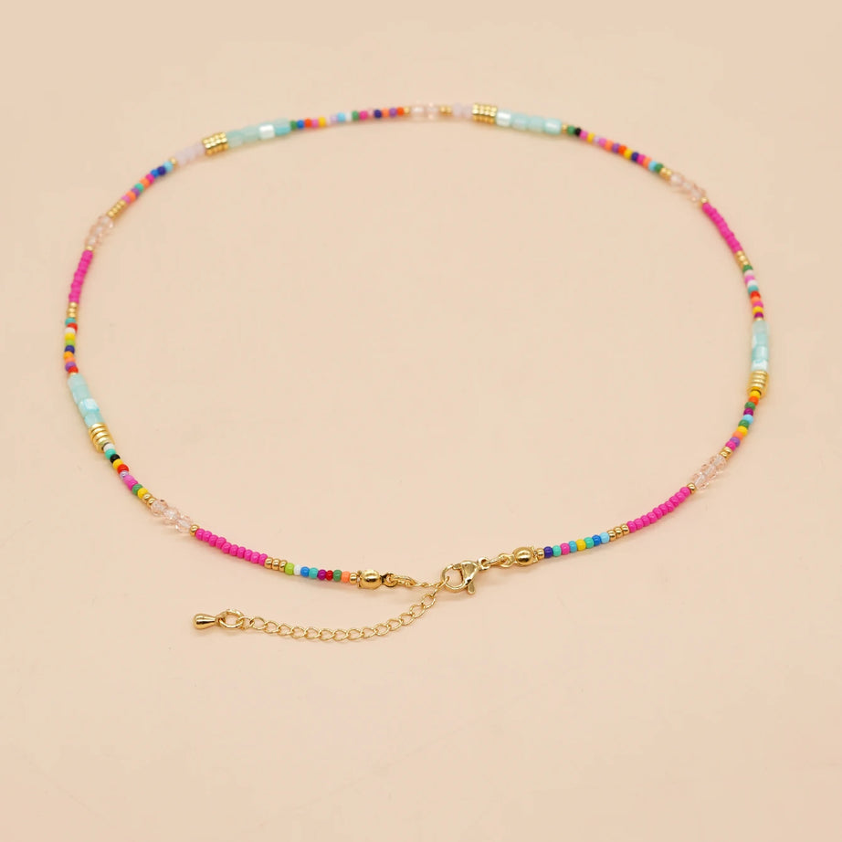 Rainbow Crystal and Shell Beaded Boho Choker Necklace