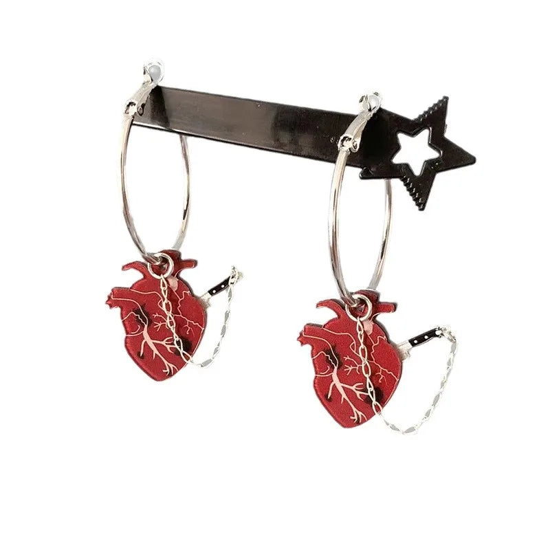 Vintage Gothic Heart Hoop Earrings Knife Inserted into Beating Heart Detachable Earring Chain Halloween Cosplay Women Jewelry - Charlie Dolly