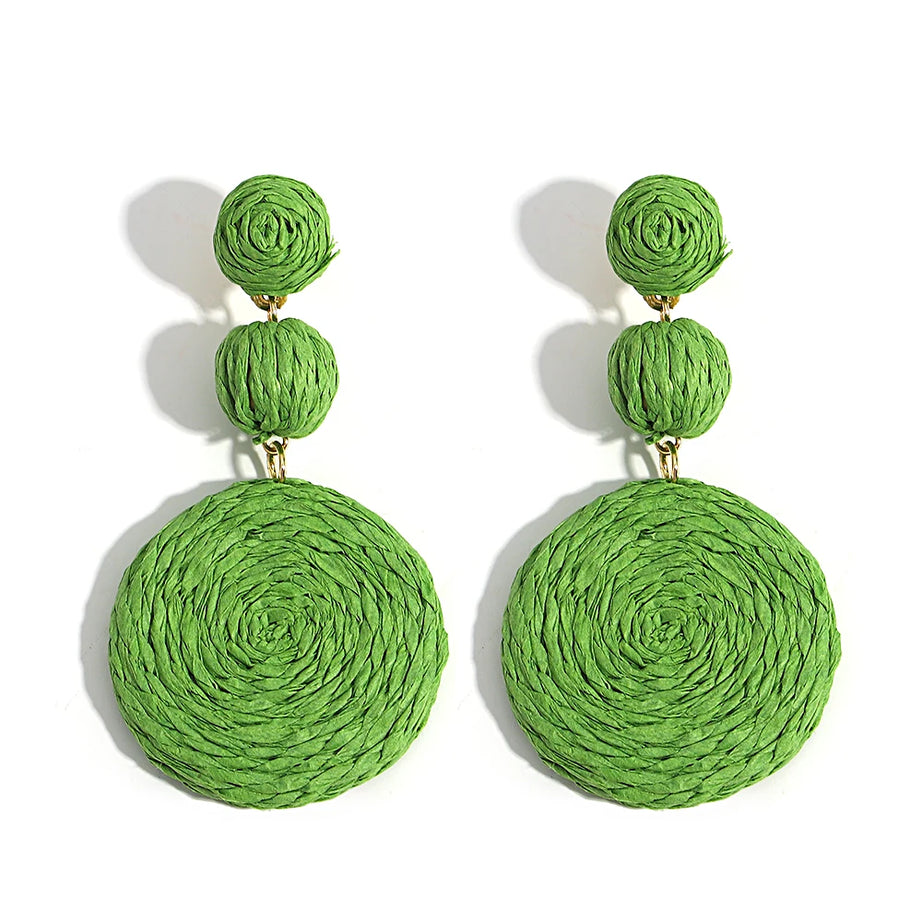 Yellow Raffia Knit Round Drop Earrings Jewelry