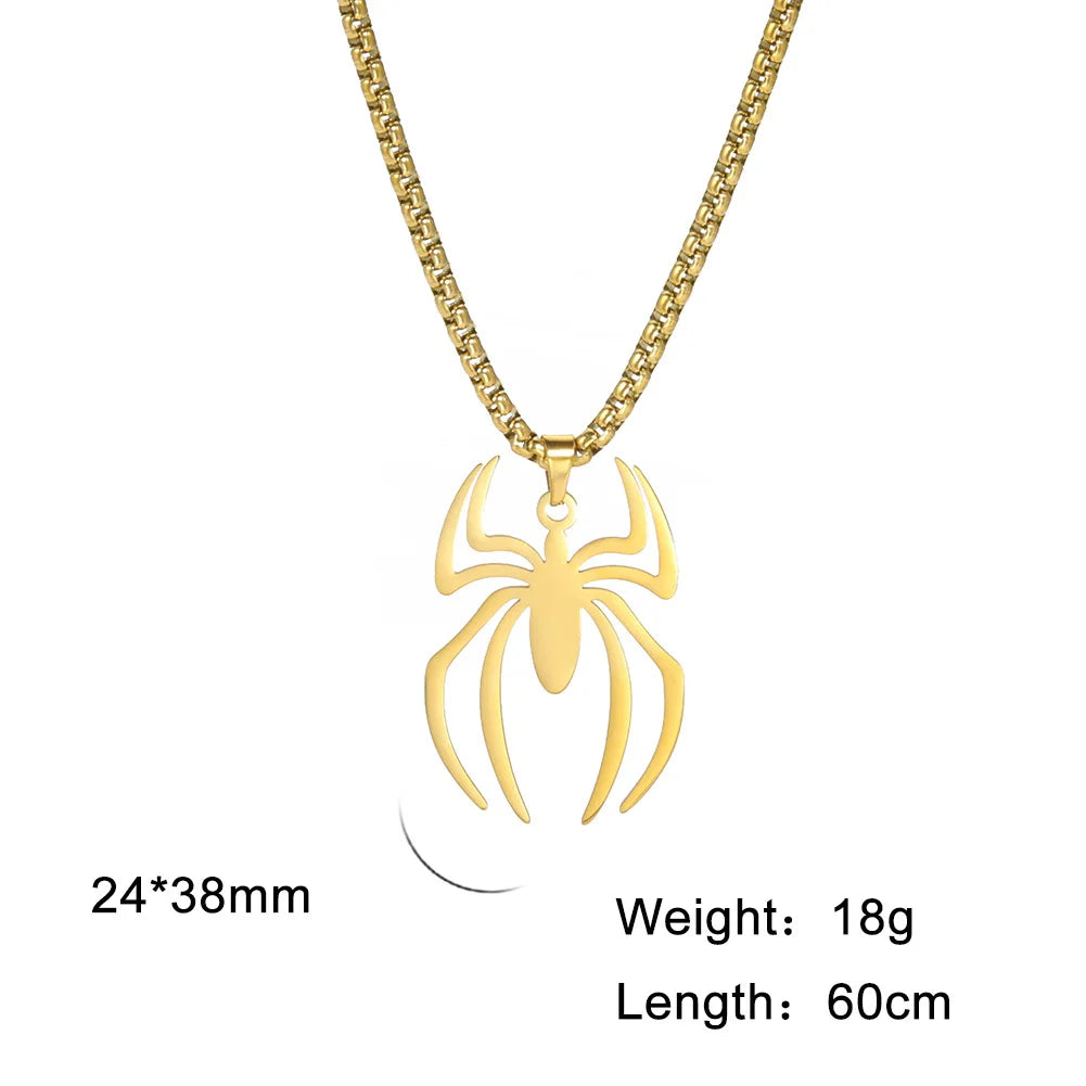 Kpop Stainless Steel Spider Pendants Chain Necklaces for Mens Silver Color Gold Color Pearl String Gothic Punk Halloween Jewelry - Charlie Dolly