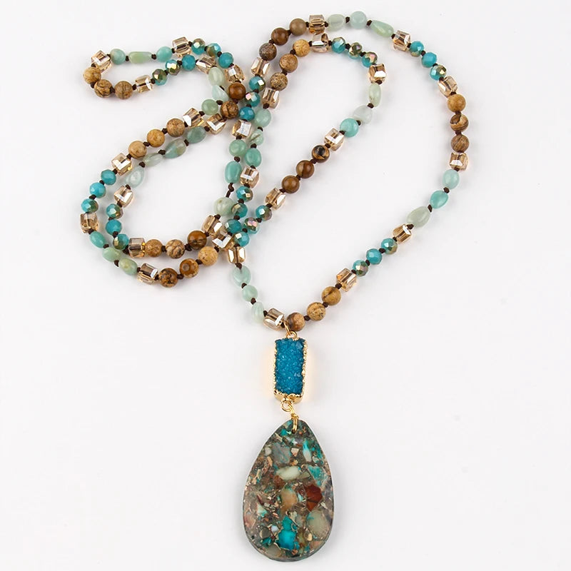 RH Fashion Bohemian Jewelry Natural Random Shape Stones With Druzy Links Semi Precious Pendant Necklaces For Women Boho Gift