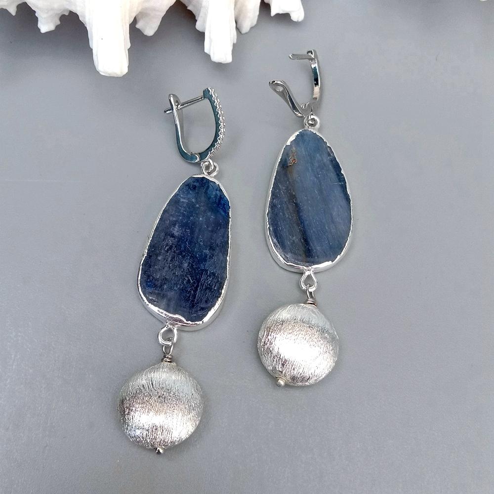 YYGEM Natural Natural Blue Kyantie With Electroplated Edge Silver Color Brushed Bead gold plated leverback Earrings