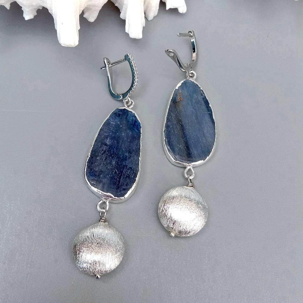 YYGEM Natural Natural Blue Kyantie With Electroplated Edge Silver Color Brushed Bead gold plated leverback Earrings - Charlie Dolly