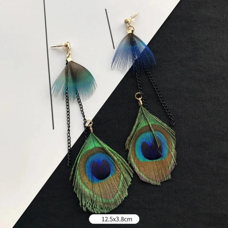 Unique Feather Earrings Imitation Peacock Feathers Vintage Earrings Exaggerate Boho Earrings Statement Jewelry Custom Packaging