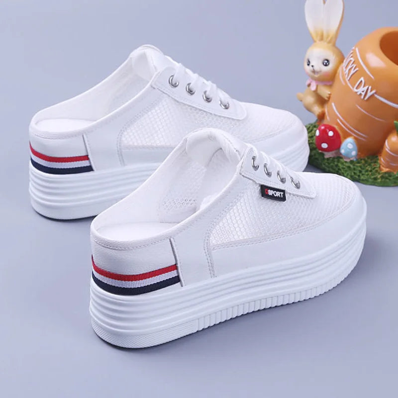 2023 New Half Slippers Women Mesh Mules Summer Inner Heightening Outdoor Breathable Casual Shoes White Platform Slip On Sneakers - Charlie Dolly