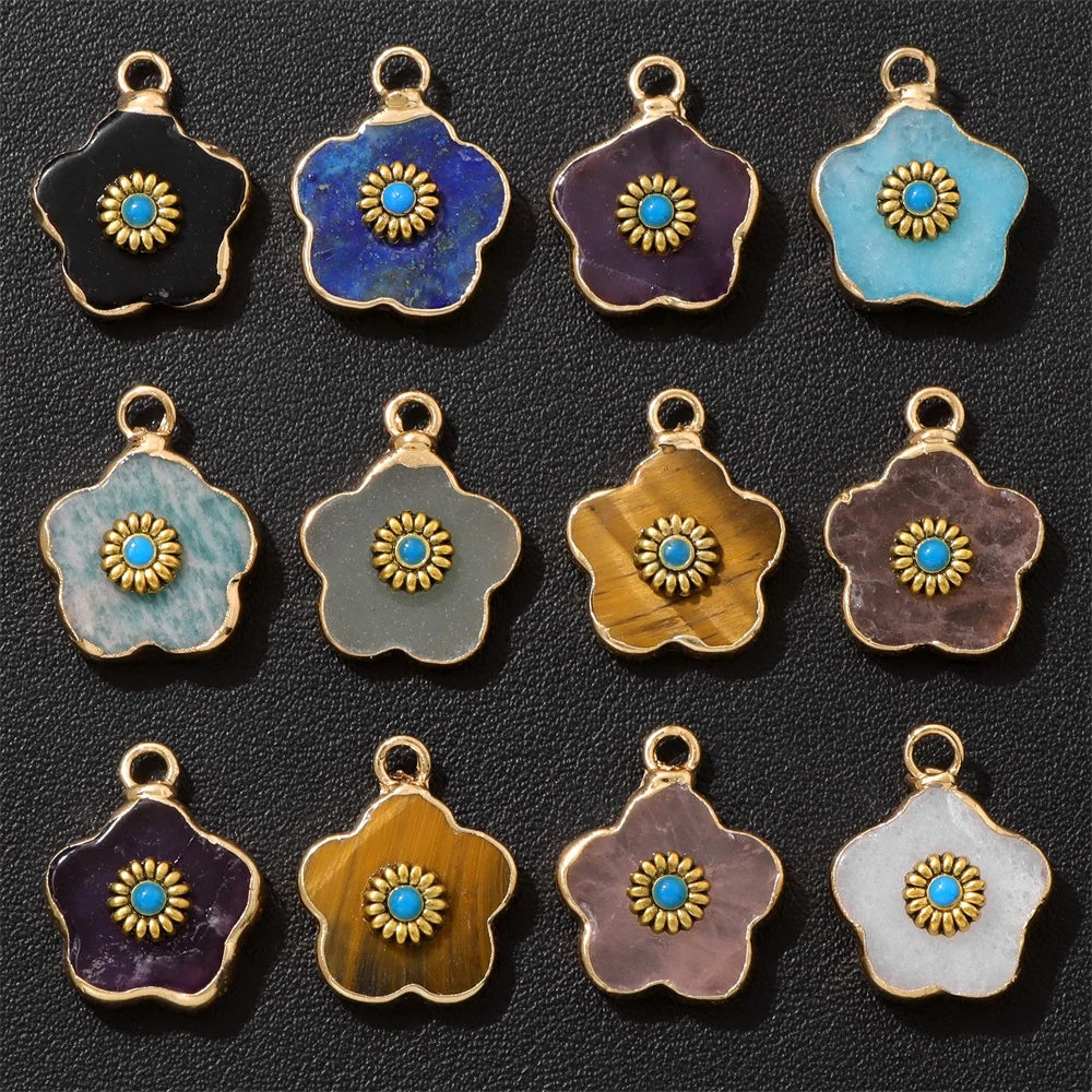 2pcs Natural Stone Flower Charms Tiger Eye Lapis Lazuli Flower Pendant For Jewelry Making Necklace DIY Earrings Bracelet15x20mm