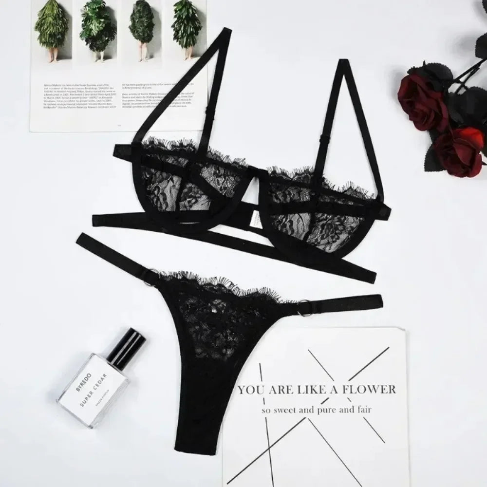 Sexy Lingerie Woman Lace Transparent Underwear Fairy Embroidery Brief Sets Delicate Bra Kit Push Up Breves Sets Thin Erotic Bras - Charlie Dolly