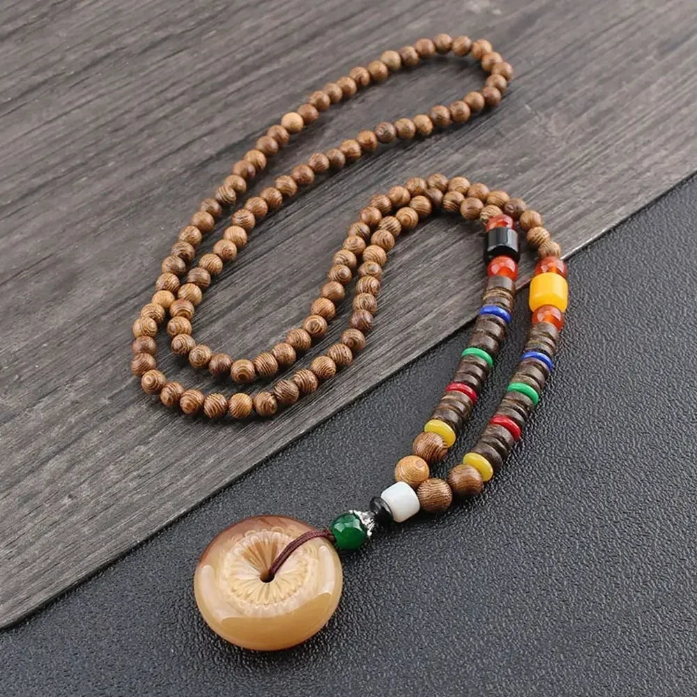 Nepal Wood Bead Mala Pendant Necklace Jewelry