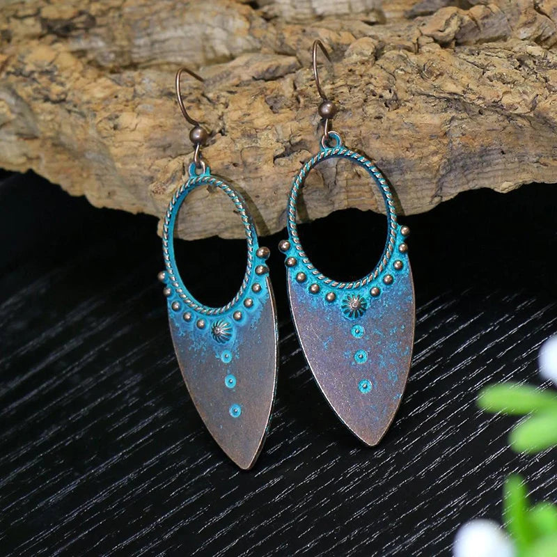 Vintage Boho Blue Stone Beaded Drop Earrings For Women Tassel Ethnic Geometric Flower Leaf Long Dangle Earrings Trendy Jewelry