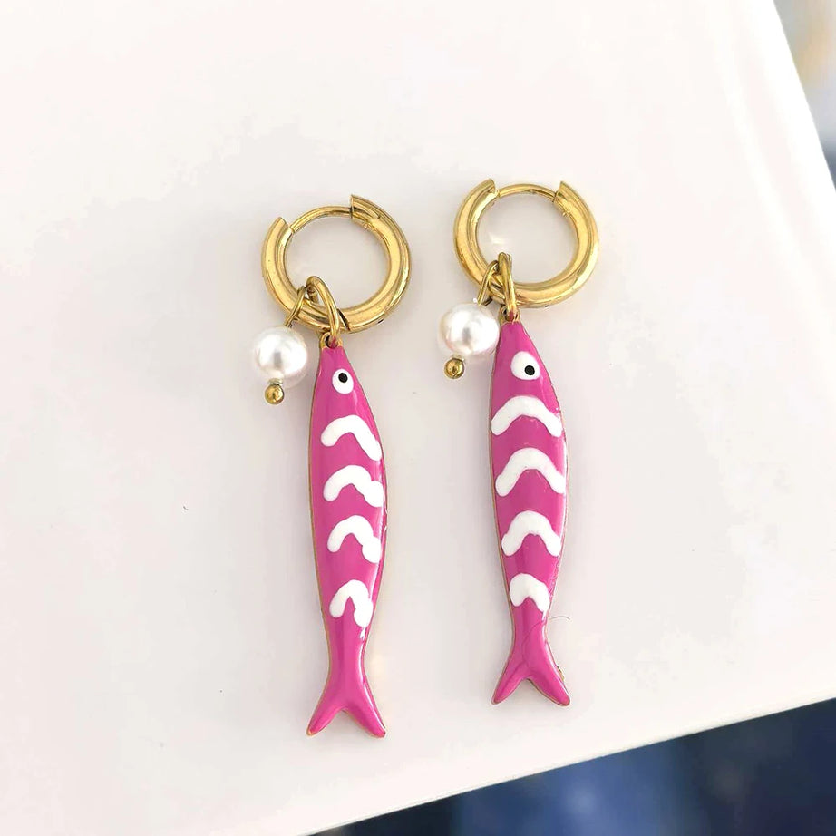 Fish Pearl Gold Hoop Drop Earrings Jewelry