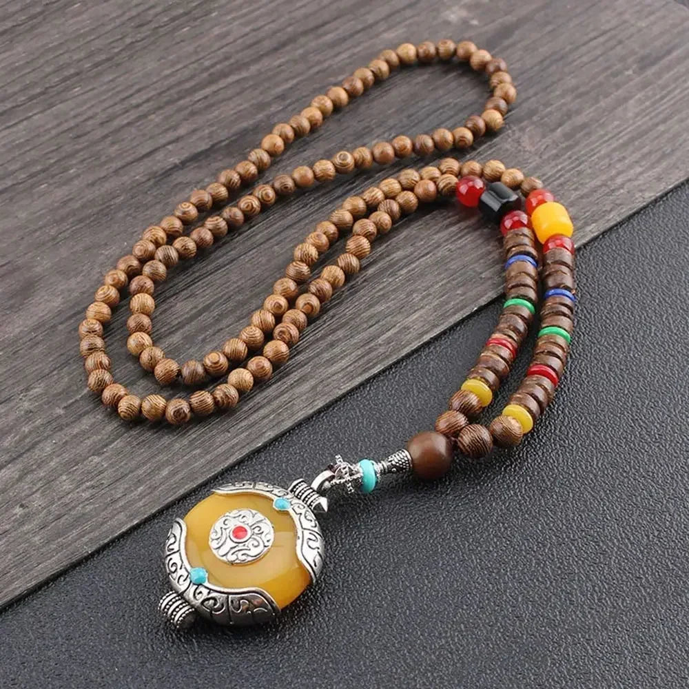 Nepal Wood Bead Mala Pendant Necklace Jewelry