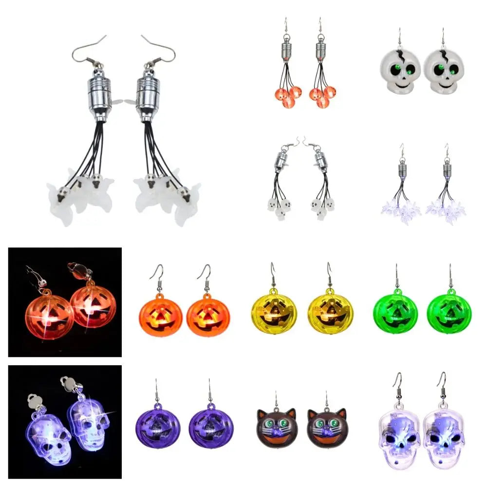 Luminous Halloween Pendant Pumpkin Dangle Ear Clips LED Skull Earrings Electric Black Cat Spider Ghost Glowing Dangle Earrings - Charlie Dolly