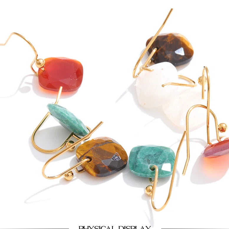 Natural Stone Square Drop Earrings, Tiger Eye Agate 14K Gold-Plated Stainless Steel Jewelry