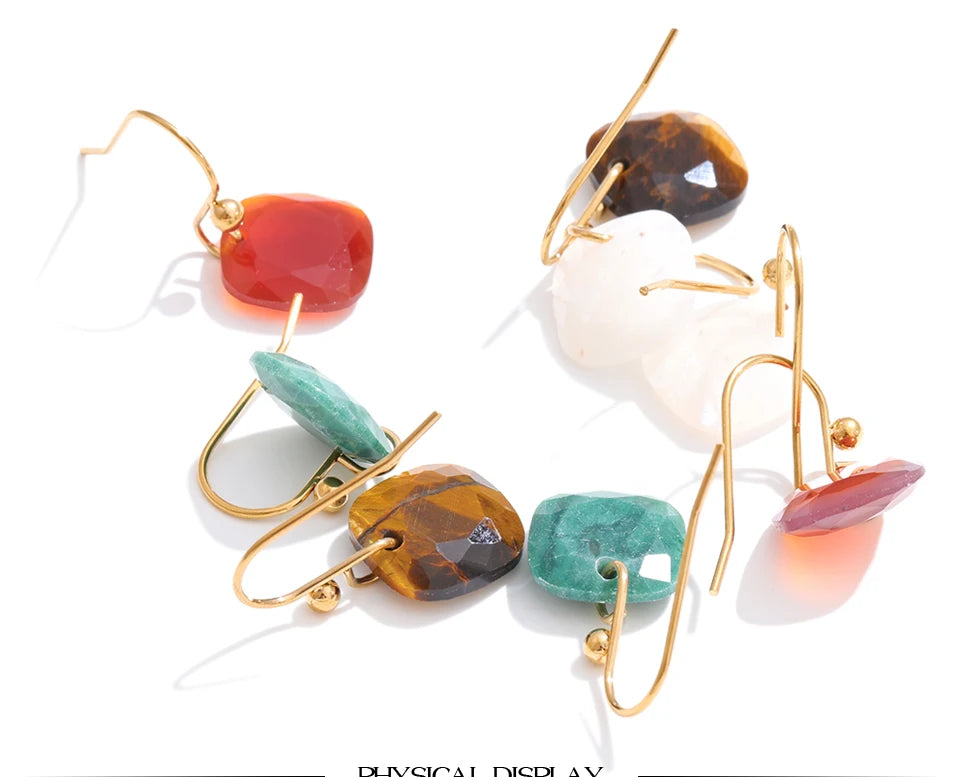 Yhpup Stainless Steel Square Drop Charm Earrings Natural Tiger Agate Shell France Exquisite Jewelry 14K Golden PVD Plated Gift