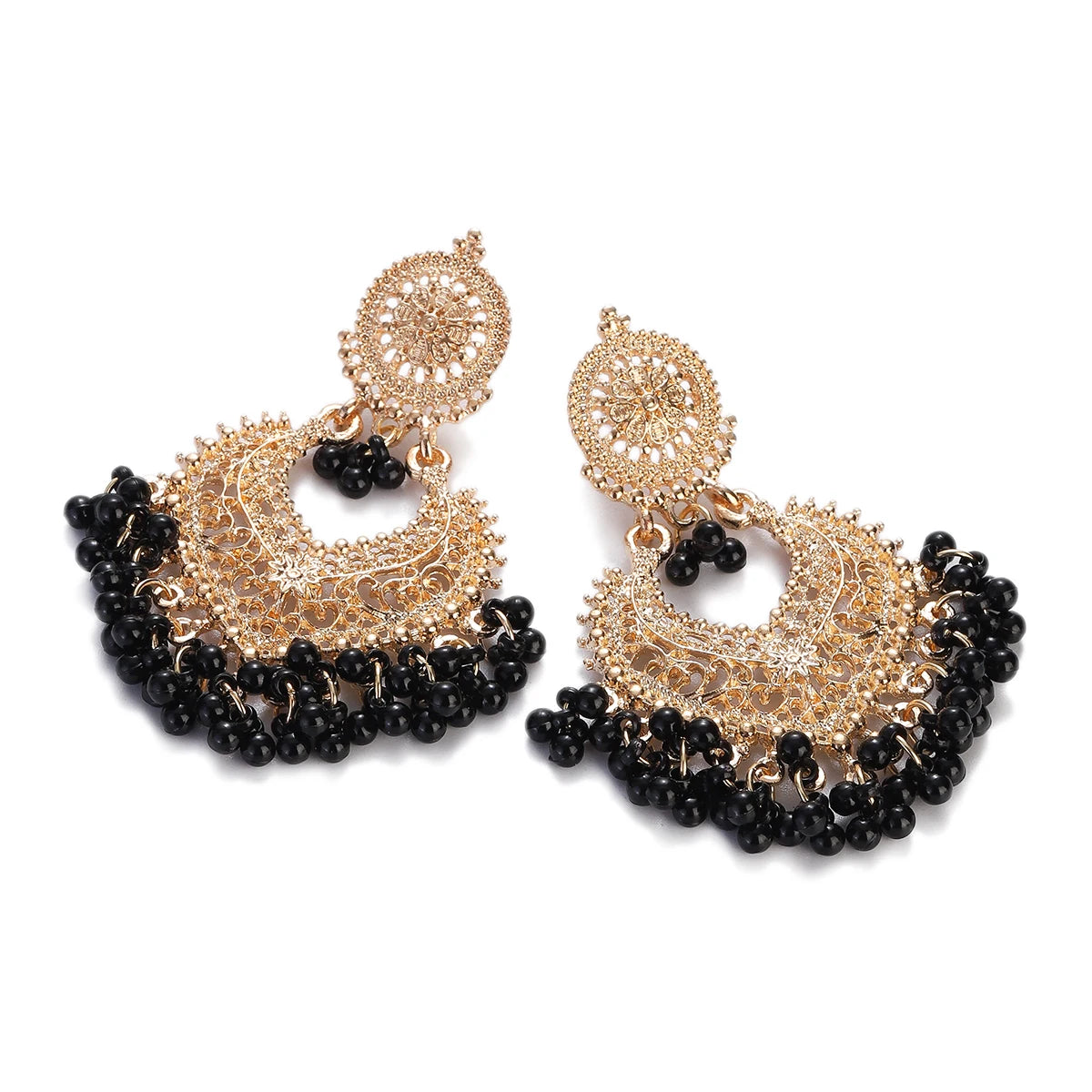 Boho Gold Color Heart Shape Carved Flower Dangle Earrings for Women Indian Jhumka Earrings Retro Pink Beads Tassel Jewelry 2023