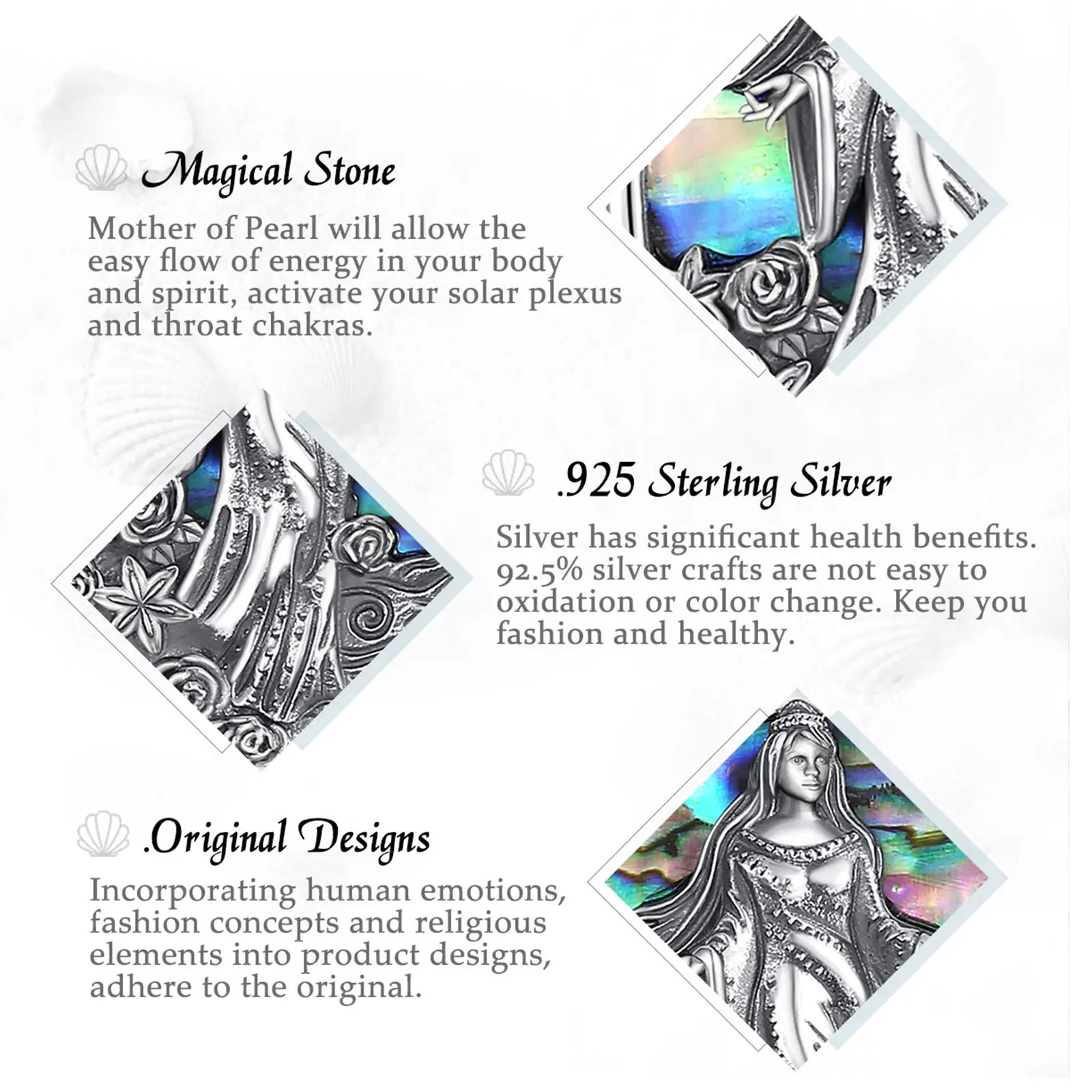 Eudora Original 925 Sterling Silver Sea Goddess Yemaya Necklace Natural Abalone Shell Lemanja Amulet Pendant Fine Jewelry Gift