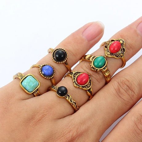 Natural Stone Boho Ring Set — 10 Pieces