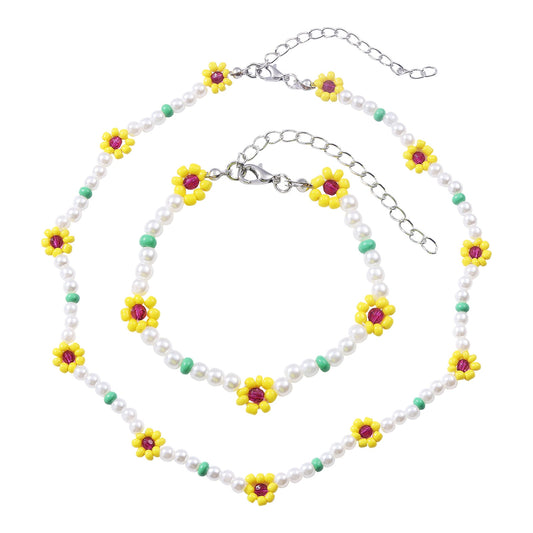 Dvacaman Boho Handmade Sunflower Beaded Necklace For Women Fashion White Imitation Pearl Choker Necklace INS Jewelry Accessories - Charlie Dolly