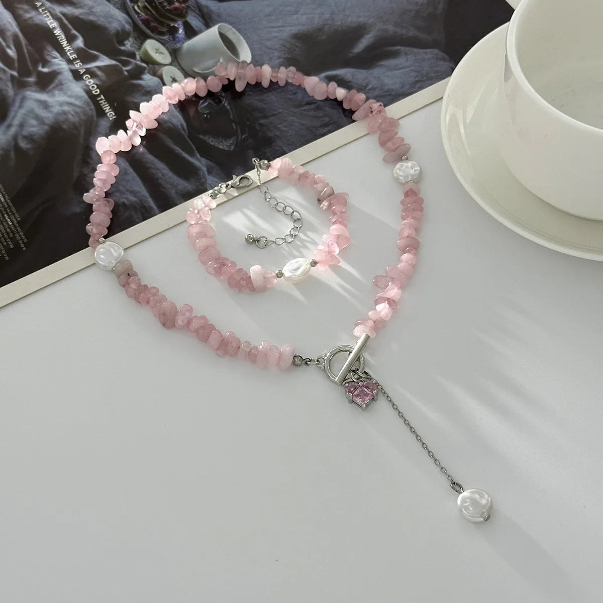 Boho Pink Zircon Heart Circular Imitation Pearl Pendant Necklace 2026 Sweet Natural Stone Chain Style Girls Fashion Jewelry
