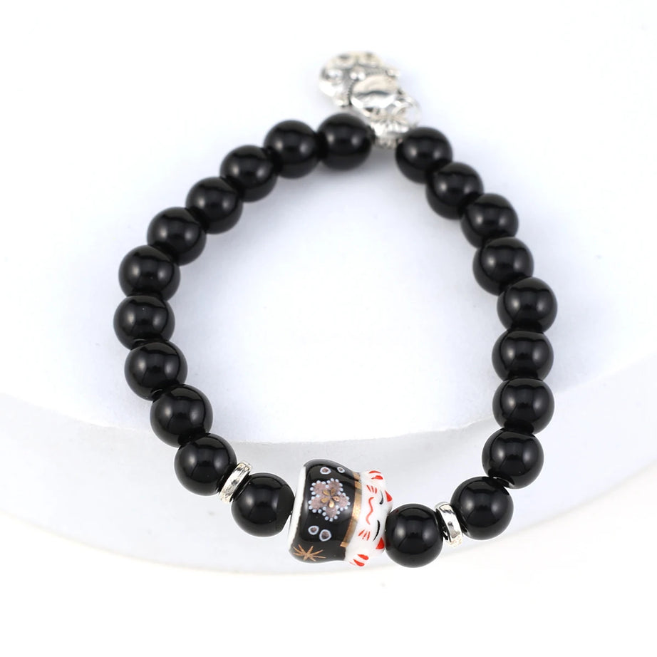 Boho Fortune Cat Charms Bracelet for Women 8mm Round Natural Stone 18cm Stretch Wire Couple Bracelet Jewelry Accessories Gifts - Charlie Dolly