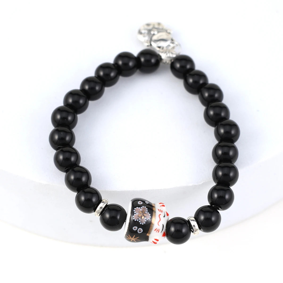 Boho Fortune Cat Charms Bracelet for Women 8mm Round Natural Stone 18cm Stretch Wire Couple Bracelet Jewelry Accessories Gifts