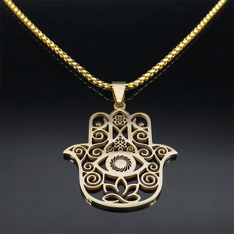 Flower of Life & Hamsa Hand Pendant, Om Lotus Eye Sacred Talisman Necklace