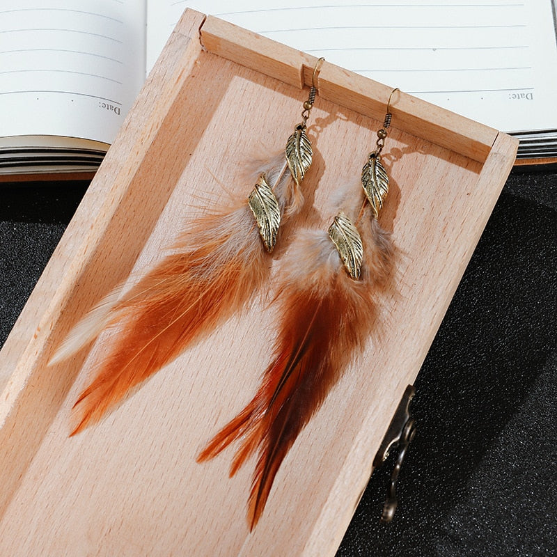 Fashion Earrings Bohemian Ethnic Style Leaf Earrings Jewelry Retro Long Tassel Colorful Feather Earrings Jewelry Gift - Charlie Dolly