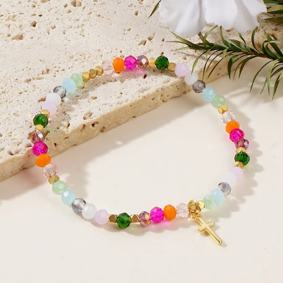 Cross Charm Crystal Beaded Bracelet