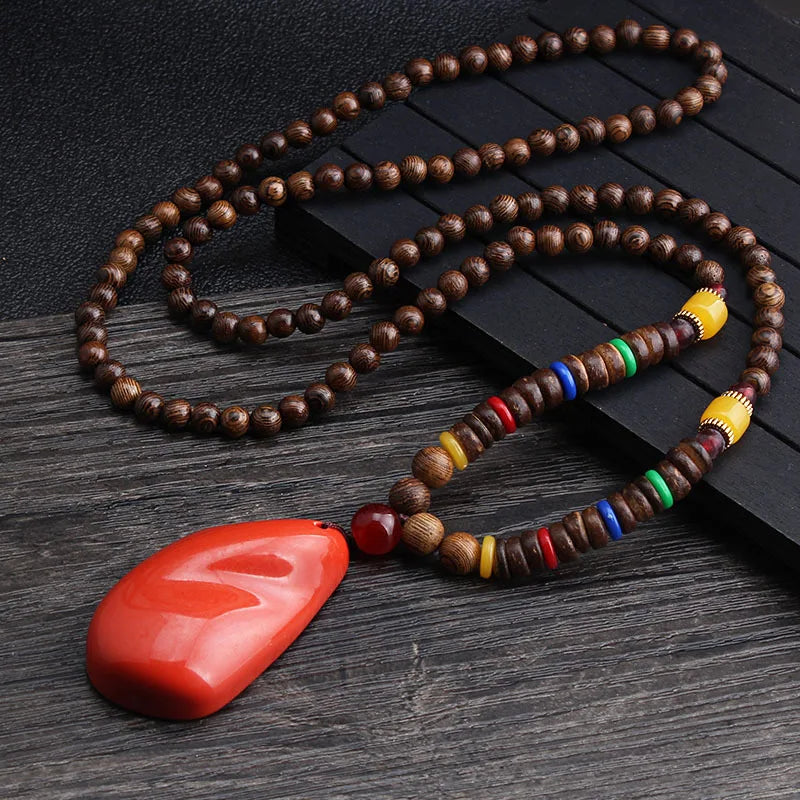 Wood Bead Bodhi Pendant Sweater Chain Necklace Jewelry