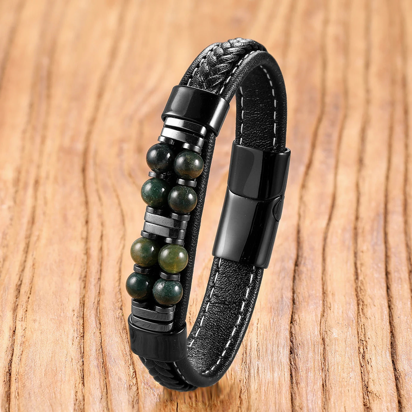 13 Styles Natural Stone Bead Bracelets, Handmade Leather Cord Jewelry with Stainless Steel Clasp, Boho Gift for Women Man - Charlie Dolly