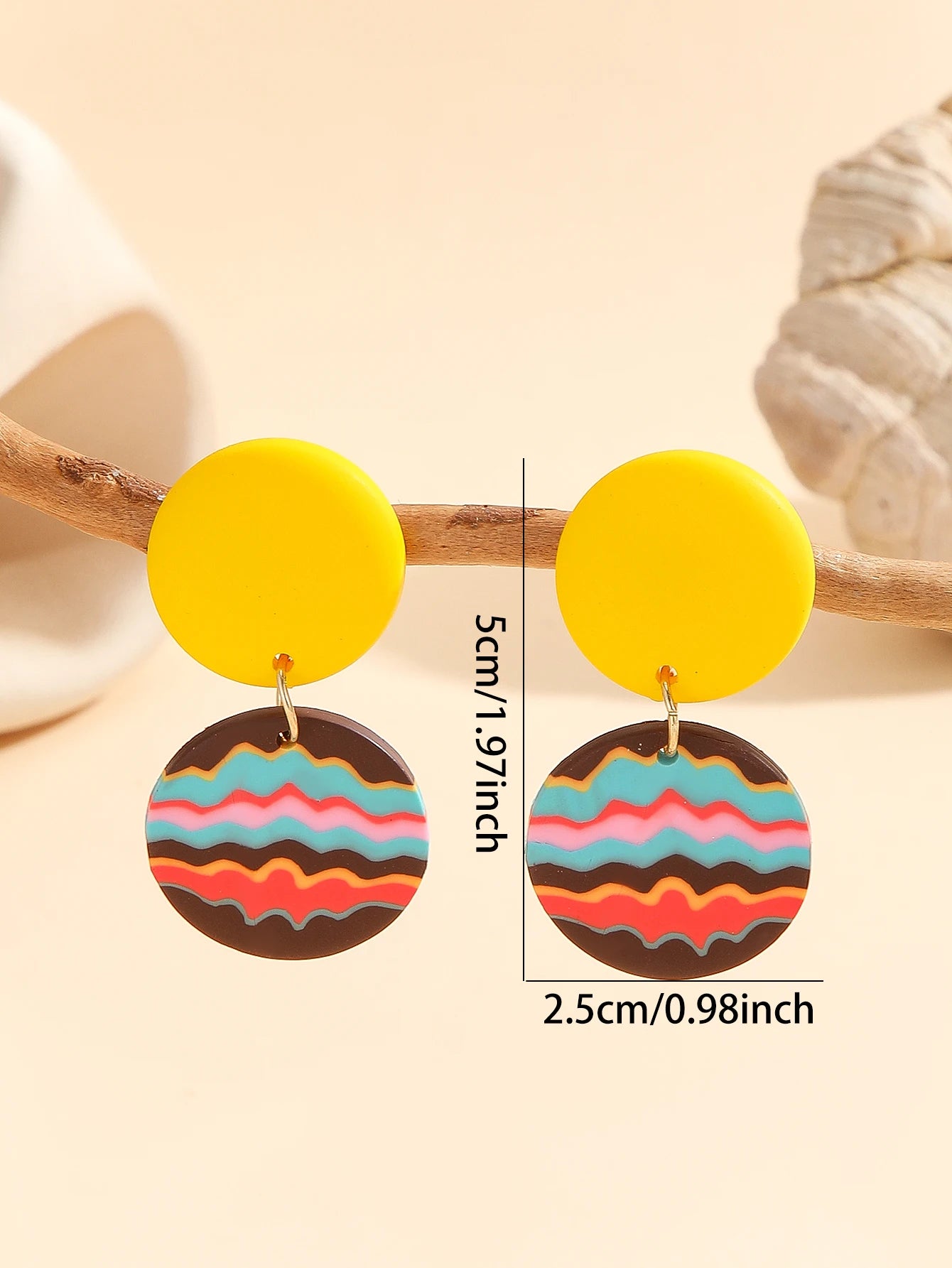 Boho Dangle Earrings Lightweight Polymer Clay Women's Black White Stripe round Confetti Donut Square Rainbow Wave Yellow